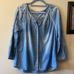 Vintage America Blue Denim Embroidered Peasant Tunic